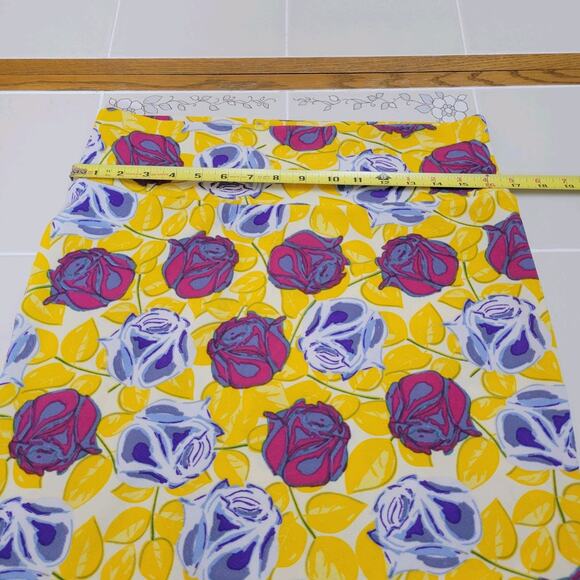 LuLaRoe Womens Yellow Cassie Pencil Skirt With Purple And Pink Roses Size L - Picture 3 of 6